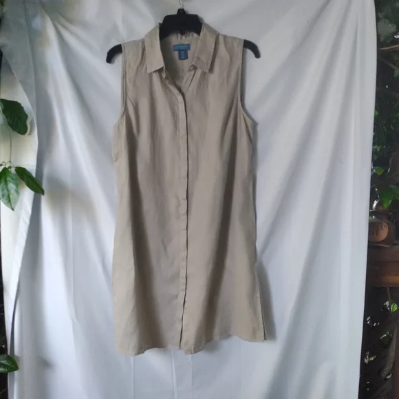 Antibes Blanc Dresses | Antibes Blanc Dress Womens Size M Shirt Button Linen Sleeveless | Color: Tan | Size: M | Heyu6996's Closet